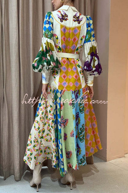 Bold and Irregular Unique Print Balloon Sleeve Belt Shirt Midi Dress