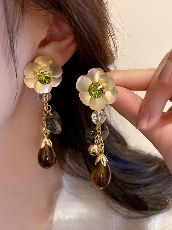Flower Shape Geometric Rhine Stones Color Split-joint Drop Earrings