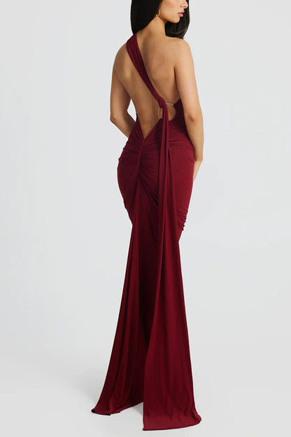 Backless Pleated Slim Color Sleeveless Maxi Dress