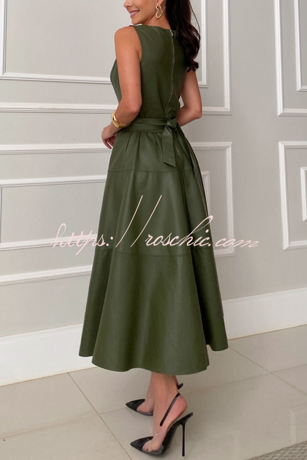 Ensemble Faux Leather Princess Line Back Zipper Umbrella Midi Dress