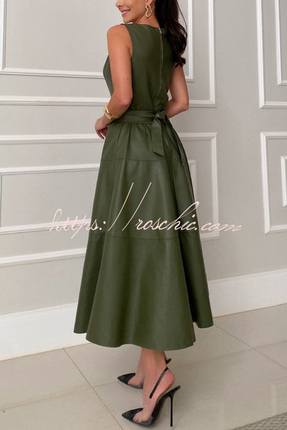 Ensemble Faux Leather Princess Line Back Zipper Umbrella Midi Dress