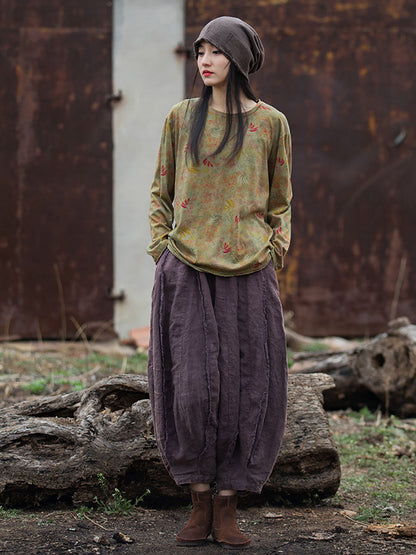 Autumn O-neck Flower Cotton Blouse At1008