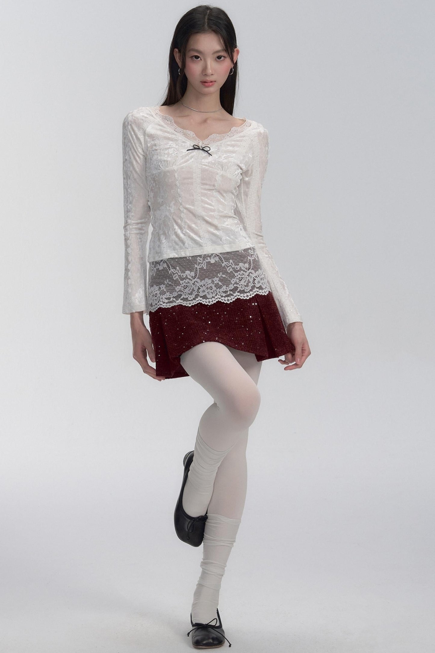 Lace-trimmed Velvet Blouse and Skirt Set-up