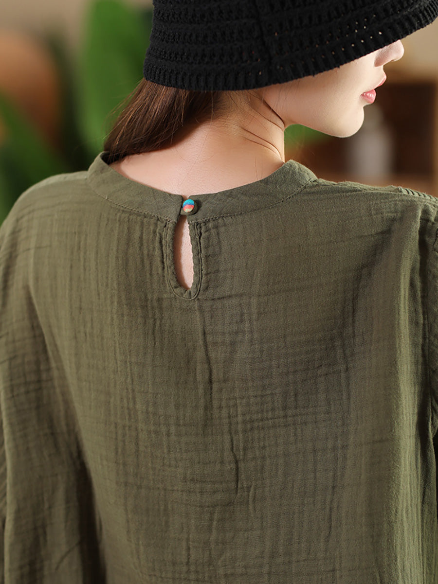 Autumn Artsy Embroidery Stand Collar Cotton Blouse Ai1076