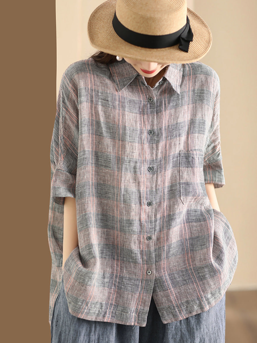 Retro Summer Plaid Linen Button-up Blouse Co1006
