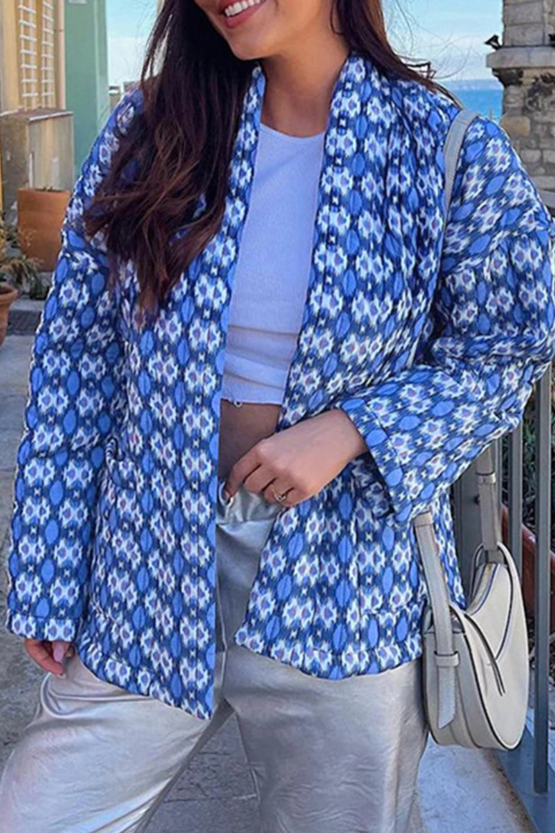 Geometric Patchwork Pocket Cardigan Collar Outerwear