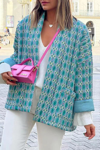 Geometric Patchwork Pocket Cardigan Collar Outerwear