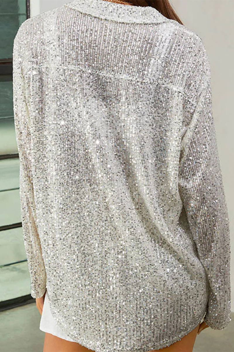 Sequins Sequined Turndown Collar Blouses