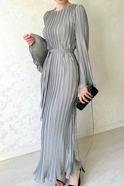 Street Patchwork Pleated O Neck Long Dress Dresses