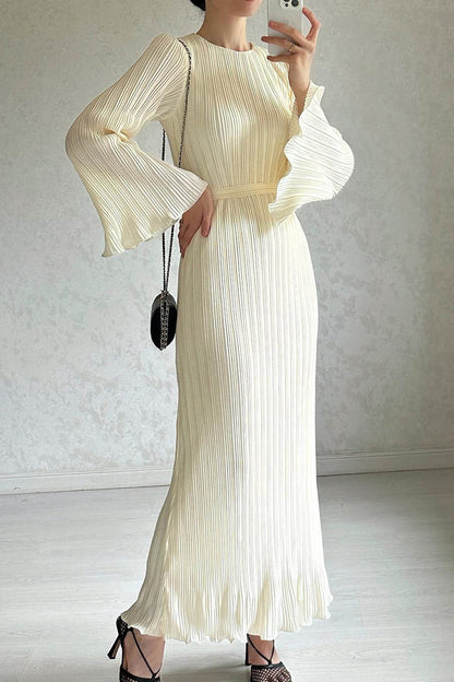 Street Patchwork Pleated O Neck Long Dress Dresses