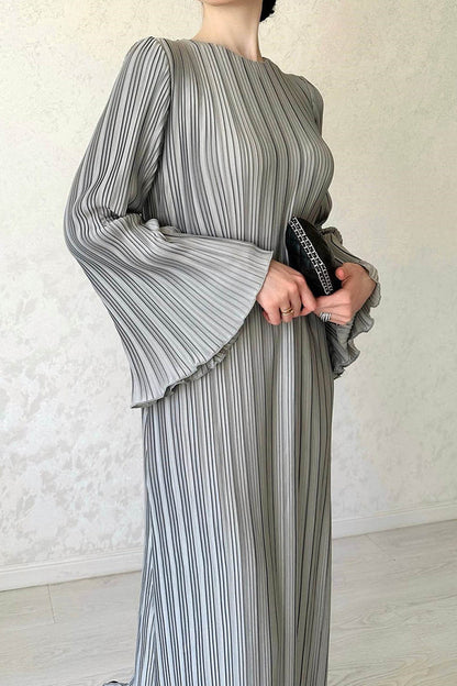 Street Patchwork Pleated O Neck Long Dress Dresses