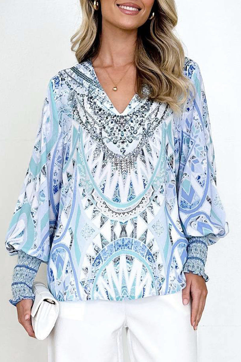 Print V Neck Blouses