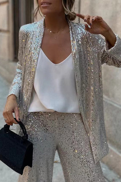 Street Sequins Cardigan Collar Long Sleeve Two Pieces Rh8516