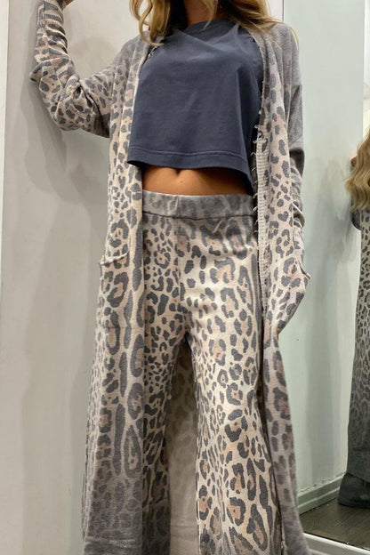Print Leopard Pocket Cardigan Collar Long Sleeve Two Pieces
