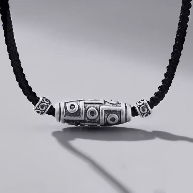 Buddha Stones 999 Sterling Silver Nine-eye Dzi Bead Pattern Protection Rope Necklace Pendant