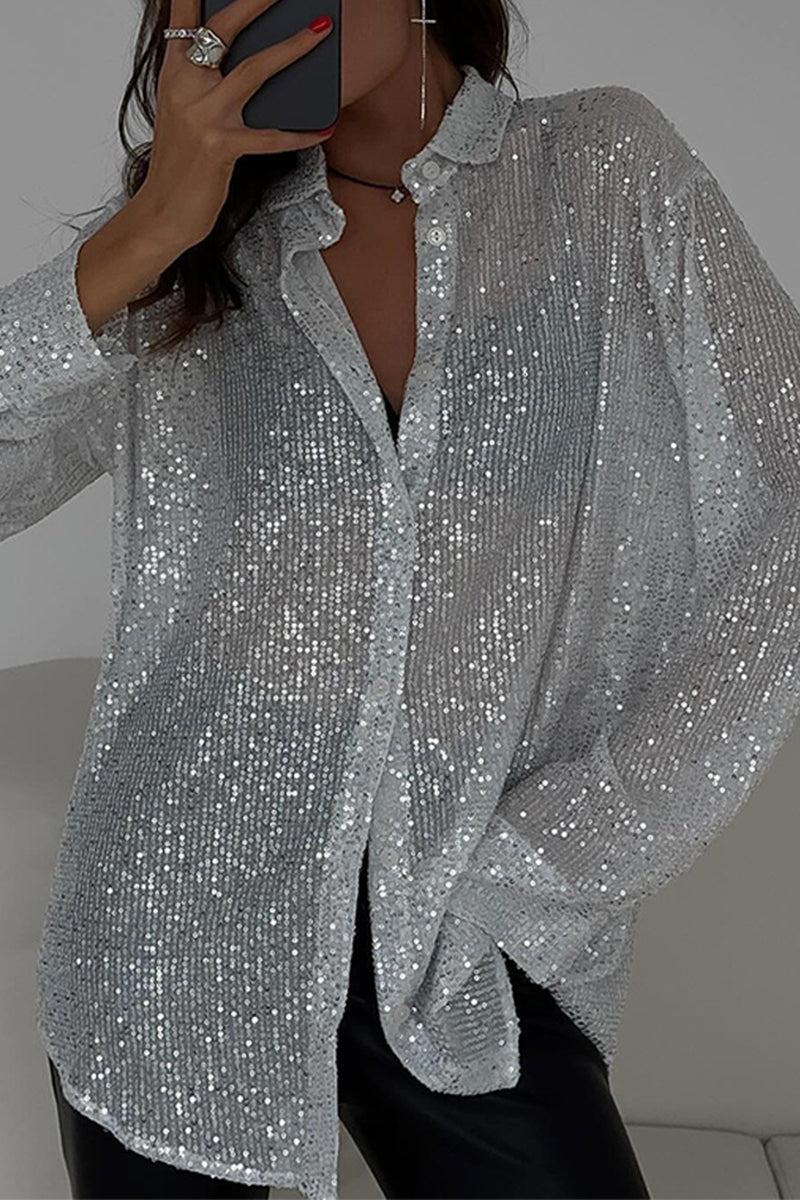 See-through Sequined Turndown Collar Blouses