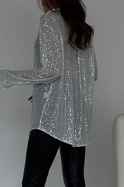 See-through Sequined Turndown Collar Blouses
