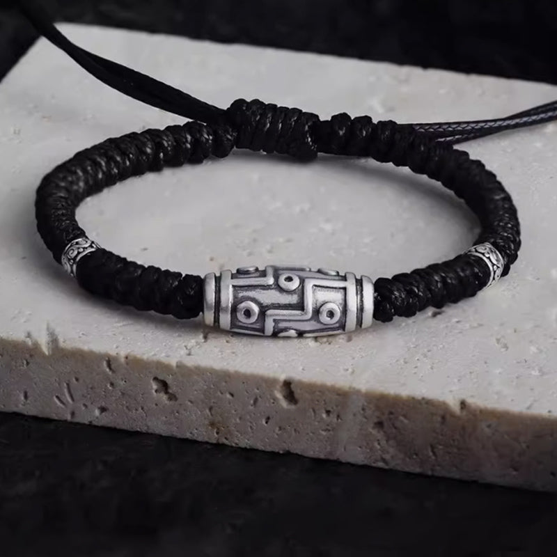 Buddha Stones 999 Sterling Silver Nine-eye Dzi Bead Pattern Blessing Rope Bracelet