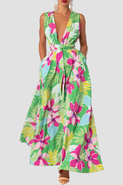 Print Patchwork Slit V Neck Long Dress Dresses