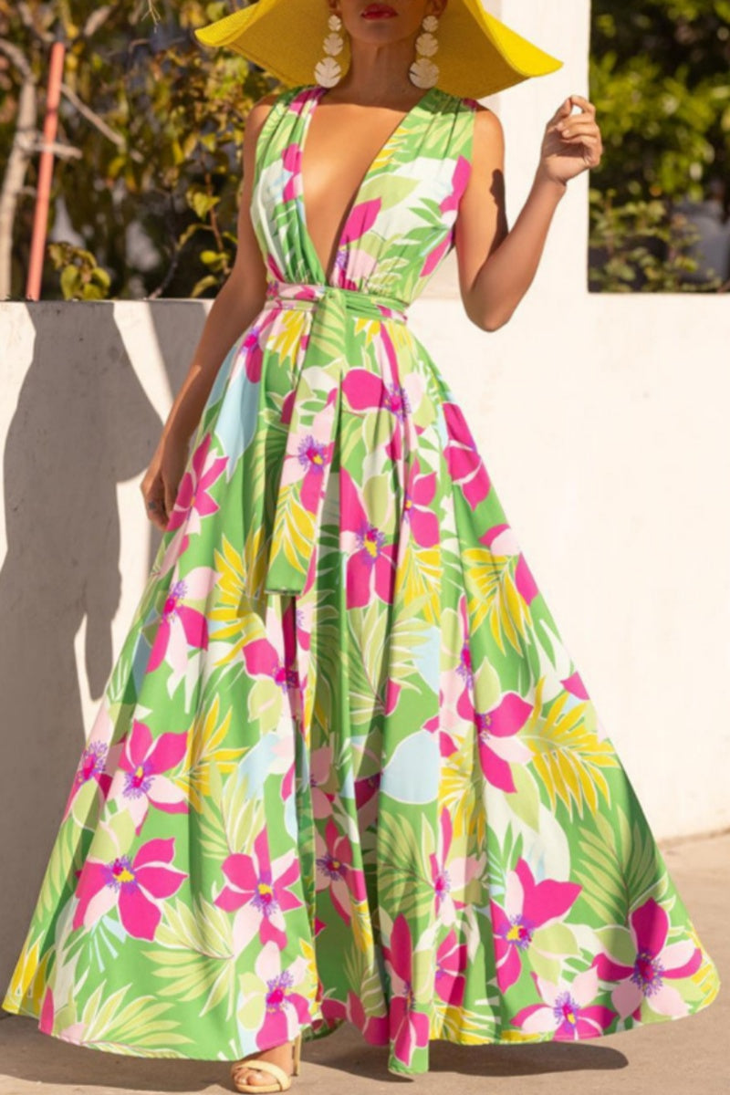 Print Patchwork Slit V Neck Long Dress Dresses