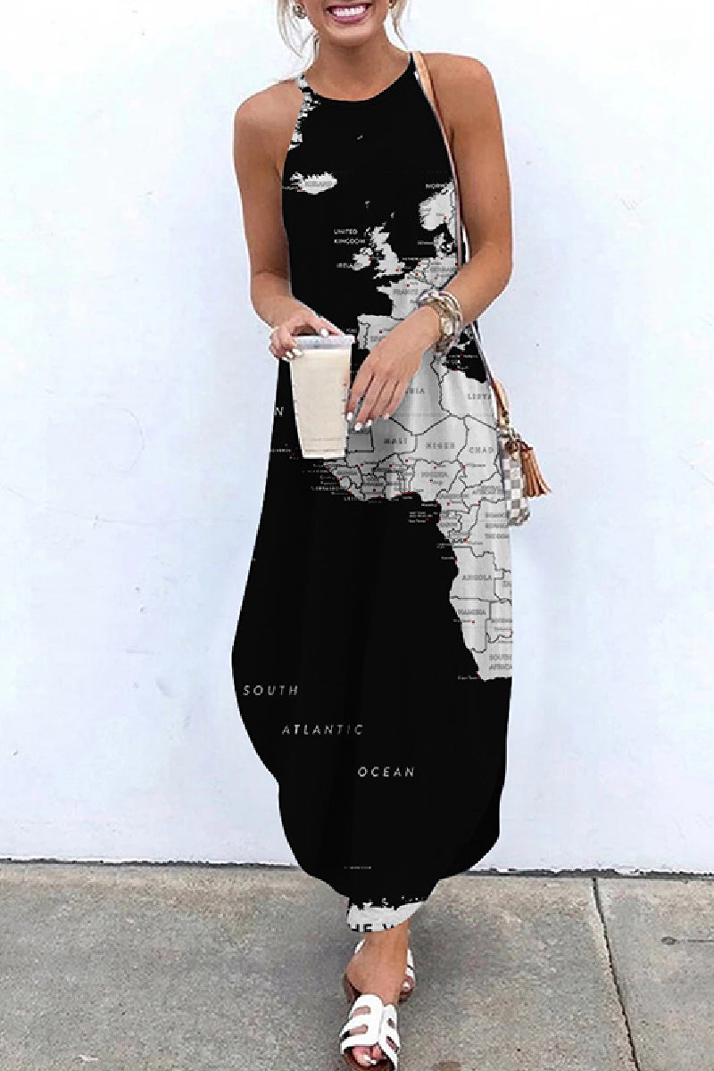 Print Basic O Neck Long Dress Dresses(5 Colors)