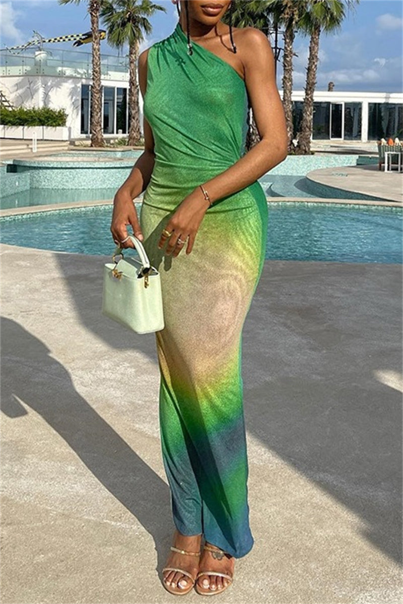 Gradual Change Print Backless Oblique Collar Long Dress Dresses