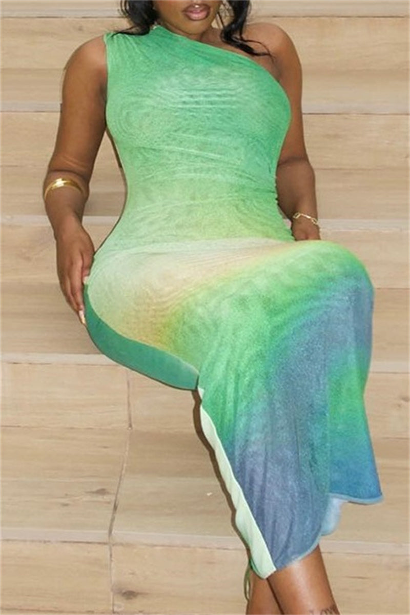 Gradual Change Print Backless Oblique Collar Long Dress Dresses