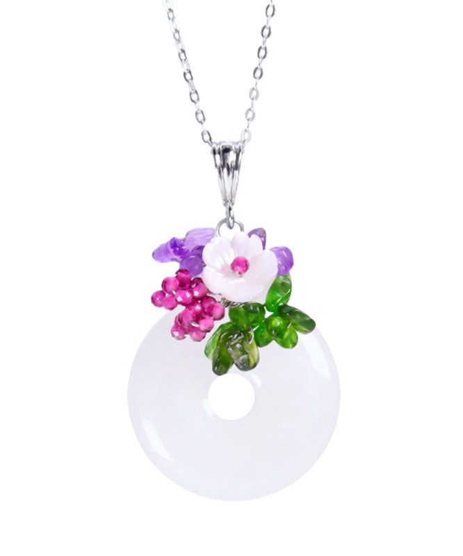White Sterling Silver Jade Ping Buckle Pendant Necklace