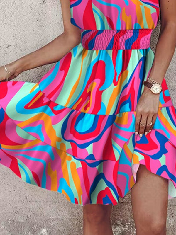 Loose Sleeveless Color-block Contrast Color Elasticity Split-joint Halter-neck Mini Dresses