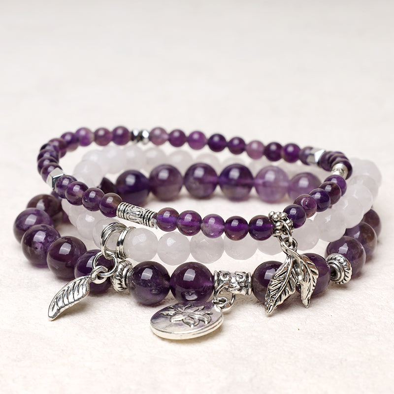 Buddha Stones 3pcs Natural Quartz Crystal Beaded Healing Energy Lotus Bracelet