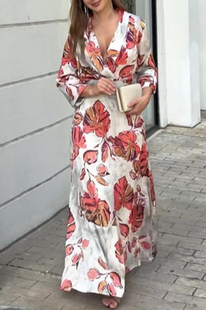 Print Patchwork V Neck Long Dresses