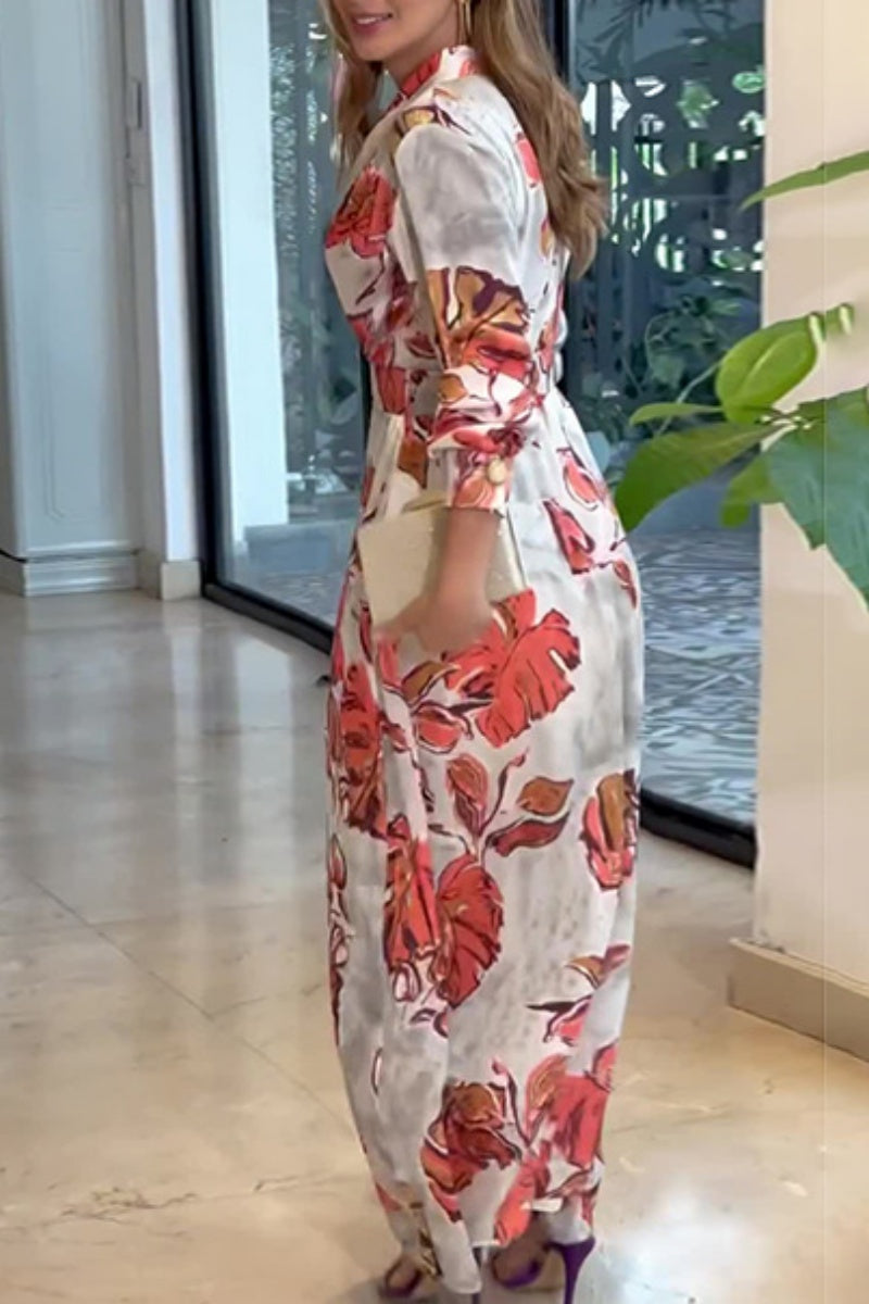 Print Patchwork V Neck Long Dresses