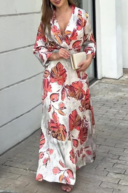 Print Patchwork V Neck Long Dresses