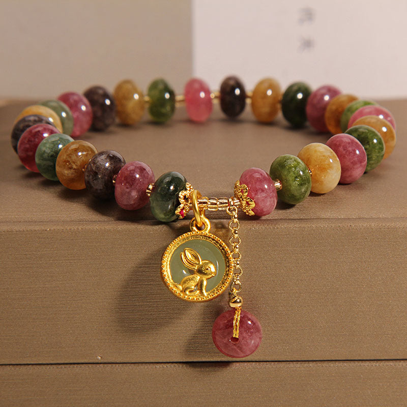 Buddha Stones Natural Colorful Tourmaline Rabbit Charm Positive Bracelet