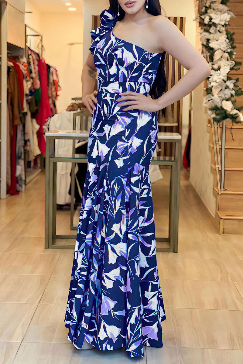 Print Patchwork Backless Oblique Collar Long Dresses