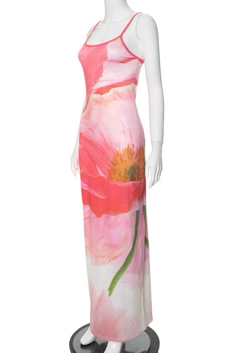 Print Backless Spaghetti Strap Long Dresses