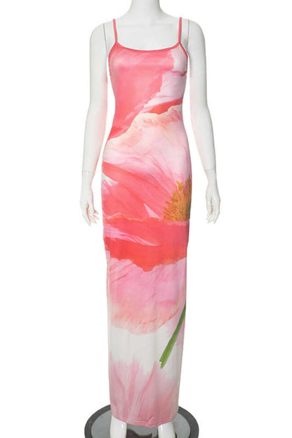 Print Backless Spaghetti Strap Long Dresses