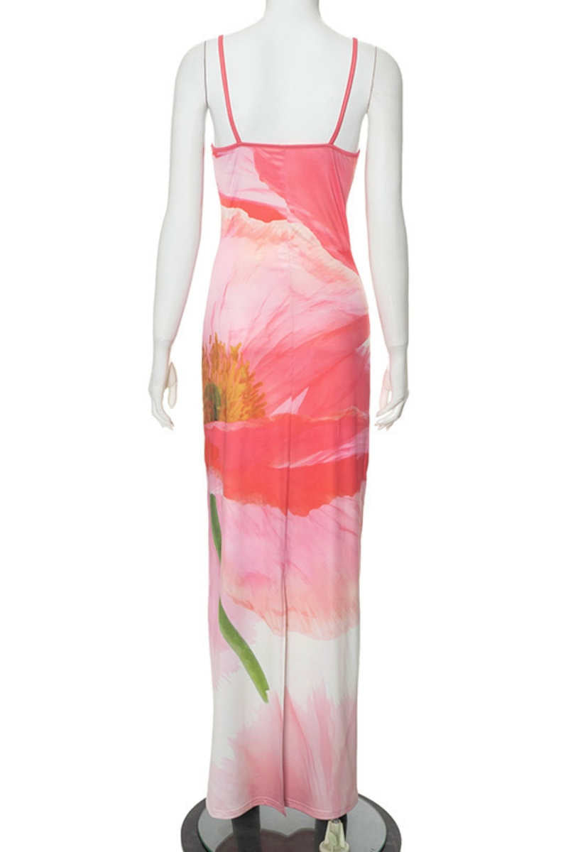 Print Backless Spaghetti Strap Long Dresses