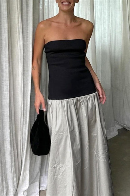 Patchwork Backless Contrast Strapless Long Dresses