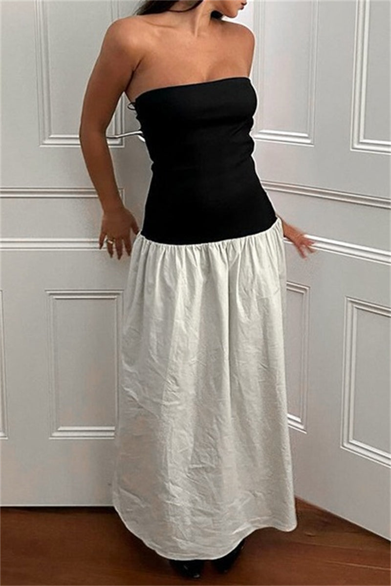 Patchwork Backless Contrast Strapless Long Dresses