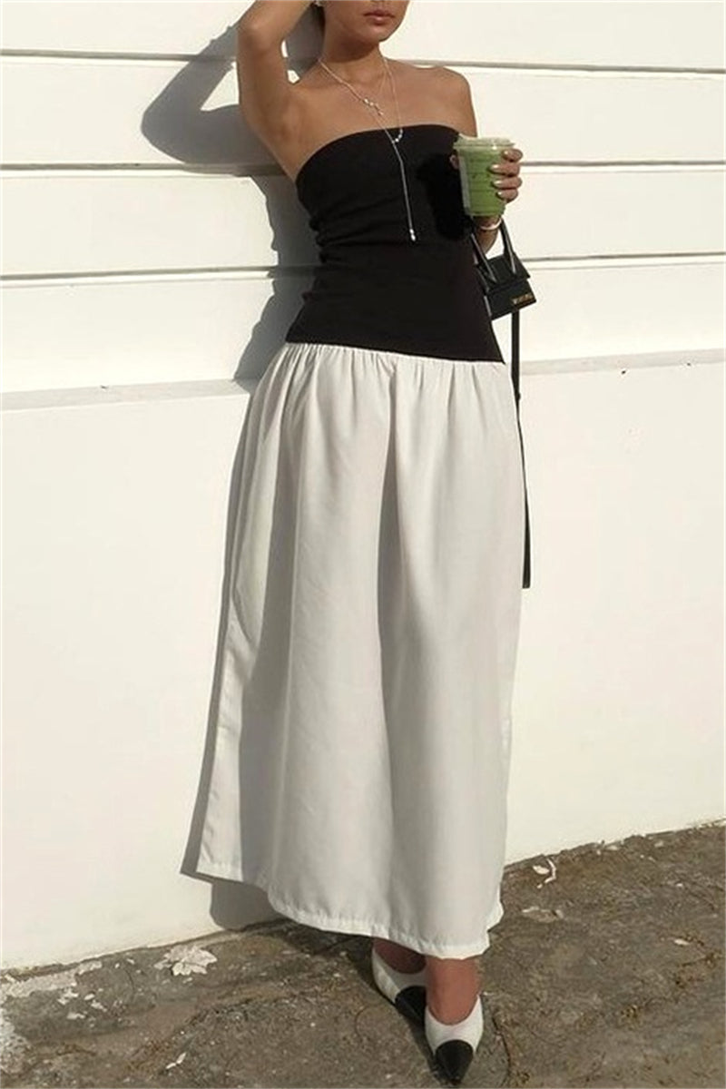Patchwork Backless Contrast Strapless Long Dresses