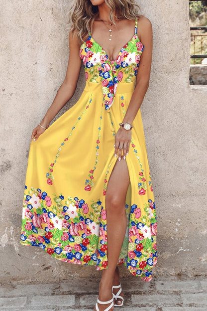 Print Backless Slit Spaghetti Strap Long Dresses