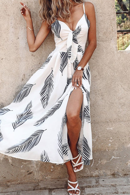 Print Backless Slit Spaghetti Strap Long Dresses
