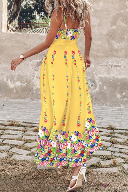 Print Backless Slit Spaghetti Strap Long Dresses