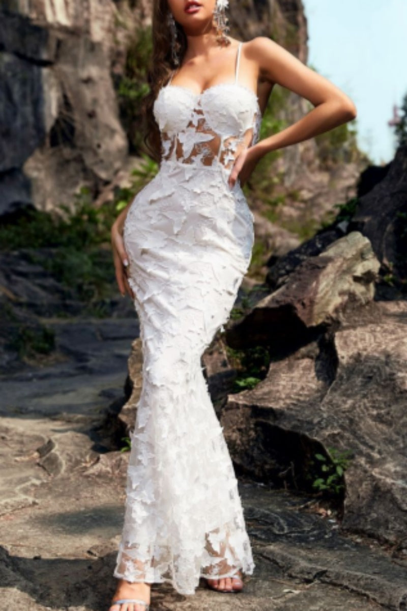 Formal Patchwork See-through Backless Spaghetti Strap Long Dresses