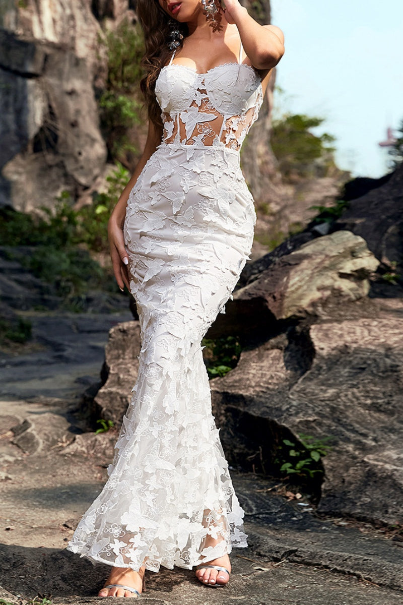 Formal Patchwork See-through Backless Spaghetti Strap Long Dresses