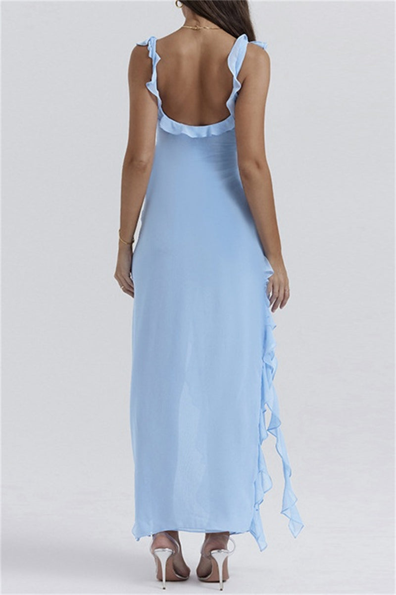 Patchwork Backless Slit Spaghetti Strap Long Dresses(3 Colors)