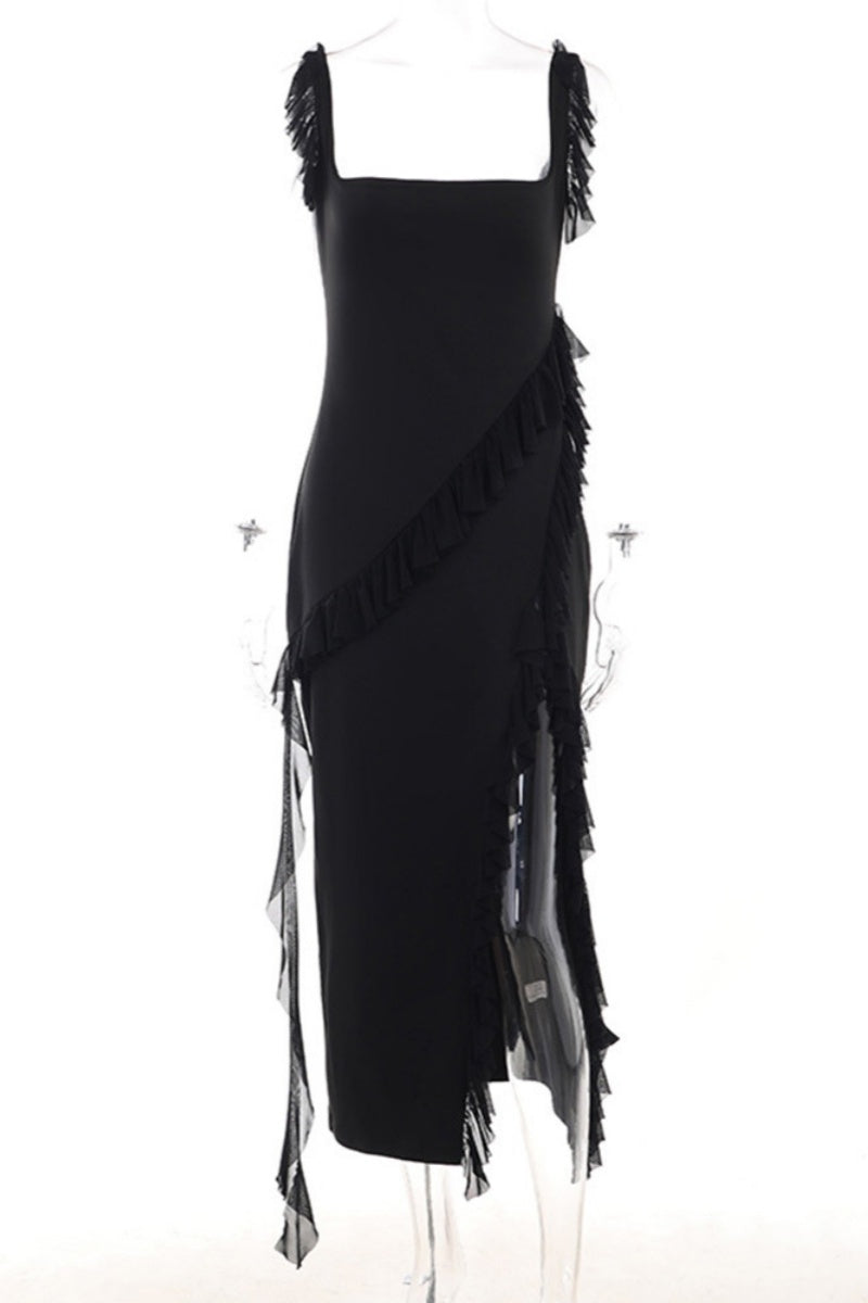 Patchwork Backless Slit Spaghetti Strap Long Dresses(3 Colors)