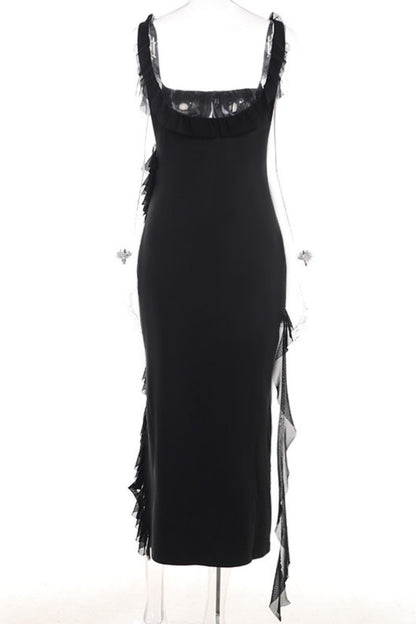 Patchwork Backless Slit Spaghetti Strap Long Dresses(3 Colors)