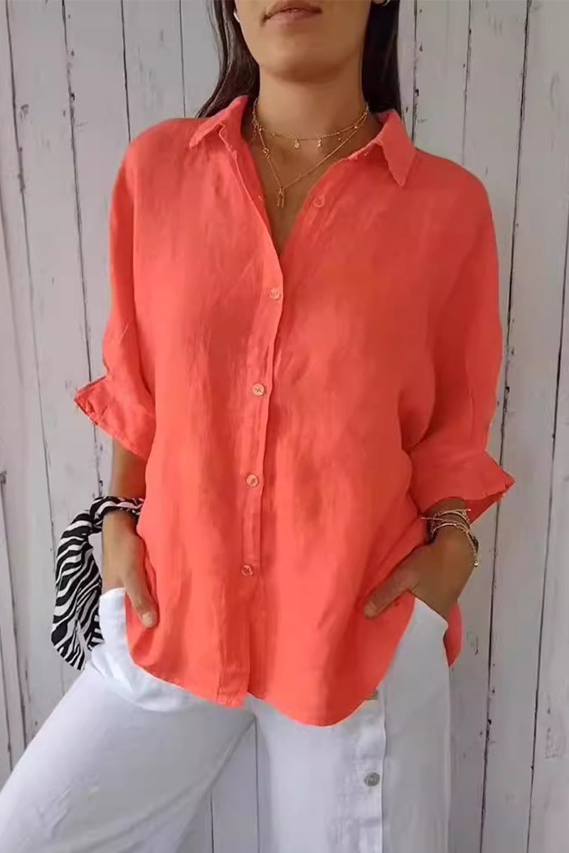 Frenulum Buttons Slit Turndown Collar Blouses(7 Colors)